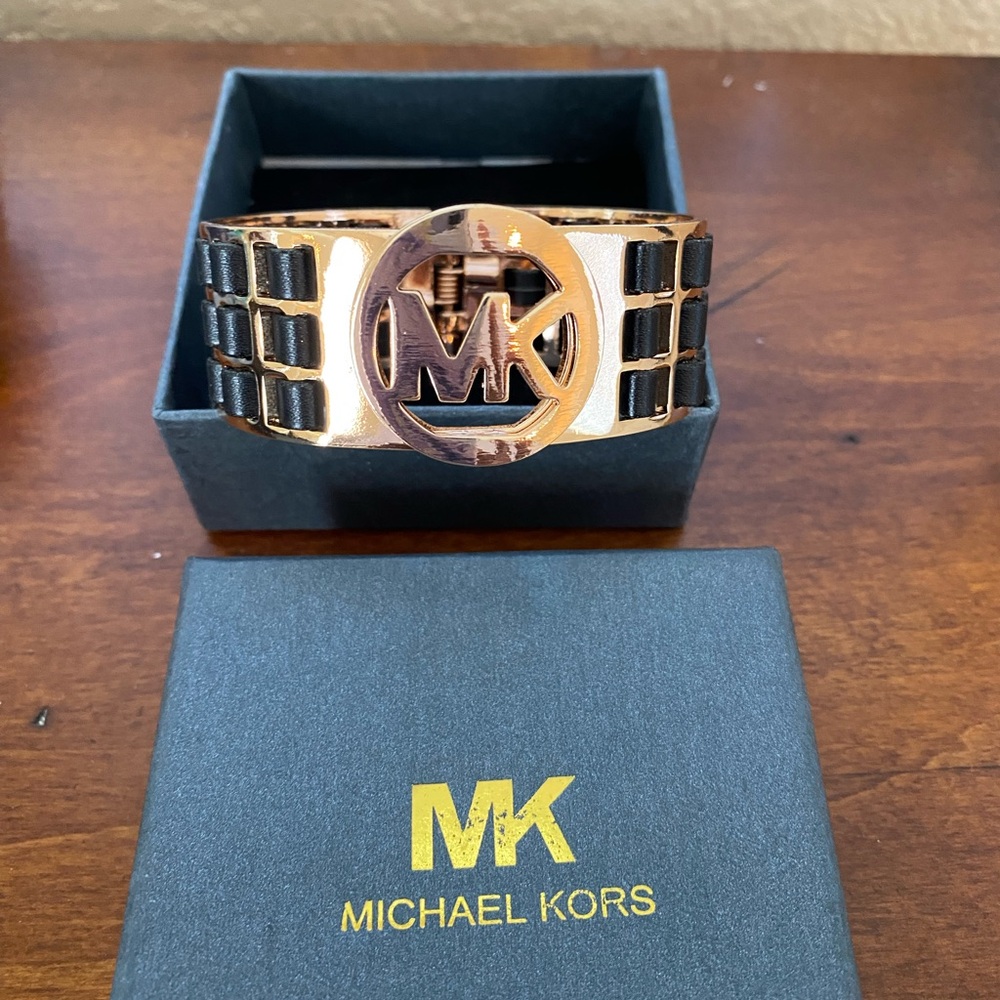 NEW Michael Kors Rose Tone w/Black Leather Cuff Bracelet